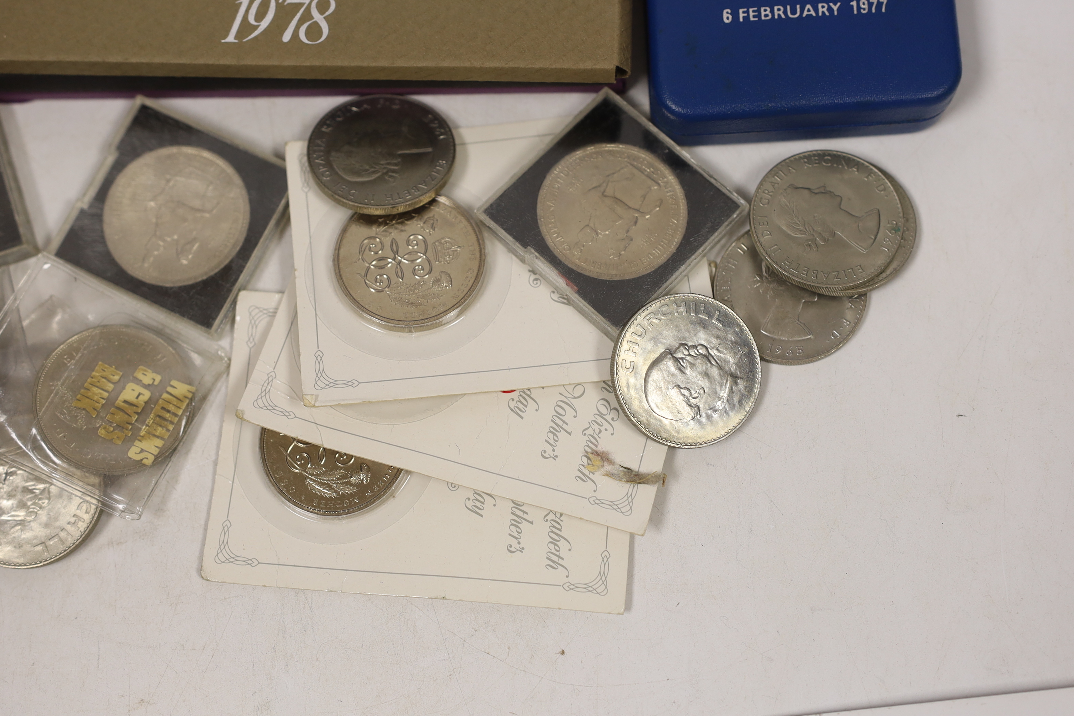 British QEII coins to include Royal Mint proof silver jubilee crown 1977, proof silver marriage of Prince of Wales and lady Diana coin, a 1983 proof silver £1 coin, a 1983 proof piedfort silver £1 coin, three cased year